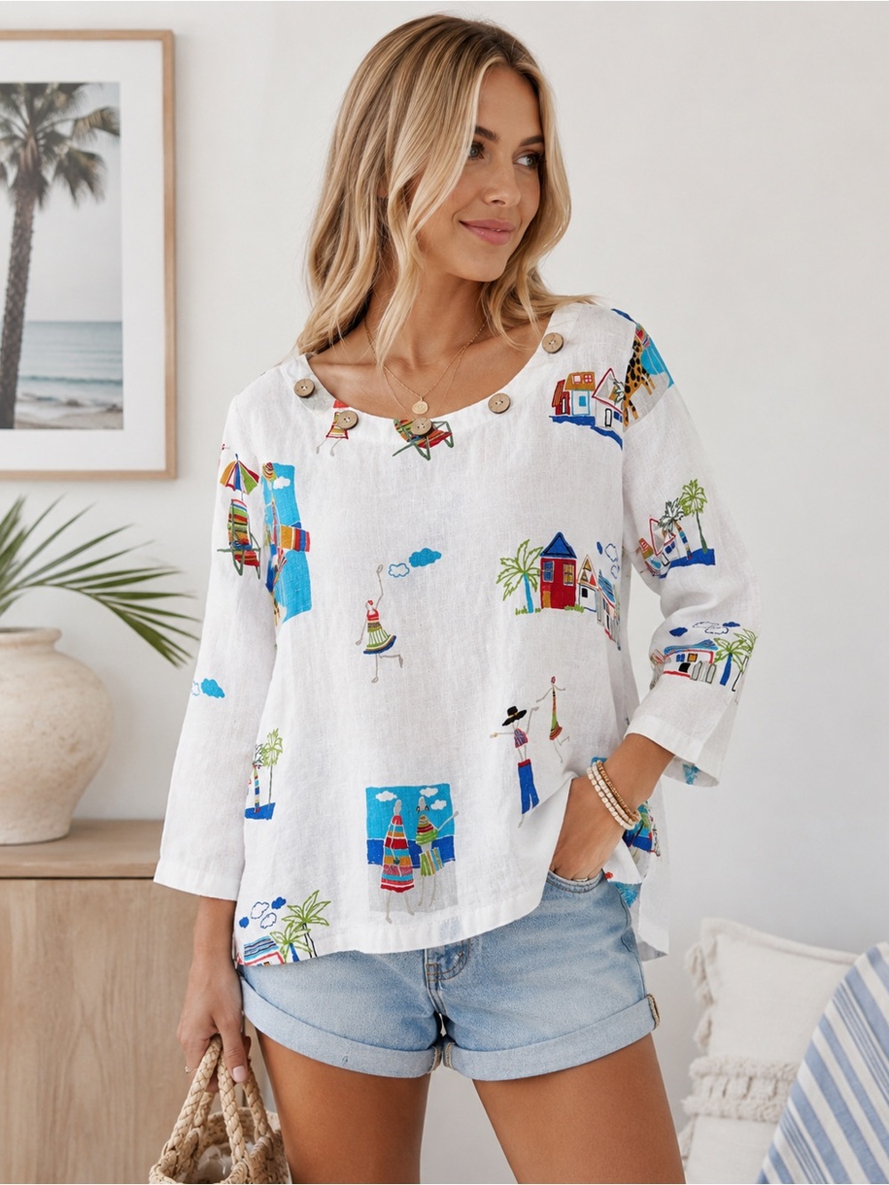 Vintage Hot Cotton 90s Linen Beach Novelty Print Button Tunic Top Size XL